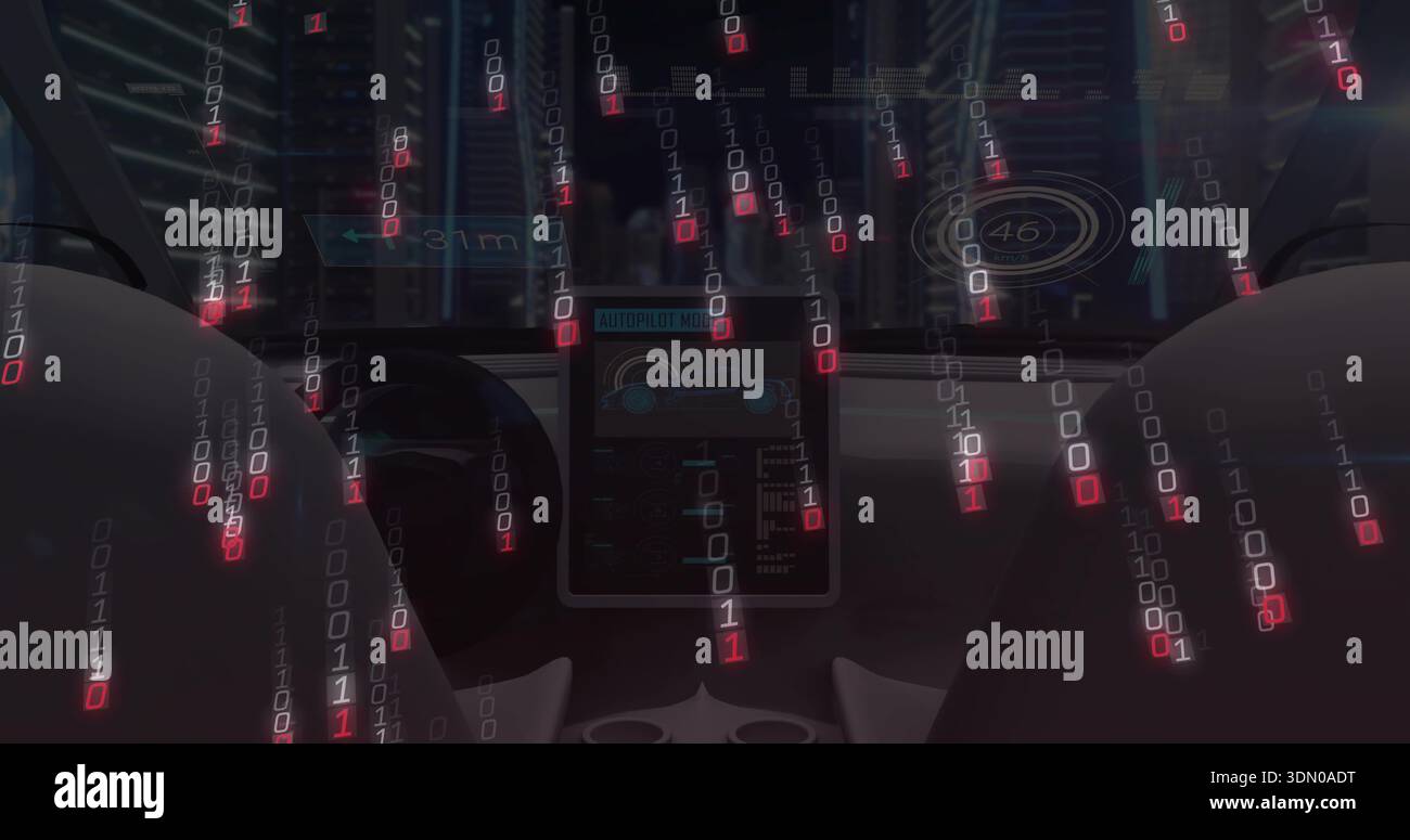 Glowing central touchscreen displaying autopilot data in car cabin at night, falling binary code Stock Photo
