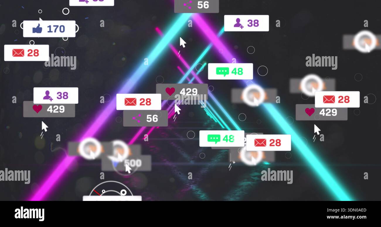 Glowing magenta cyan beams forming neon triangle, floating social badges with counters and cursors Stock Photo