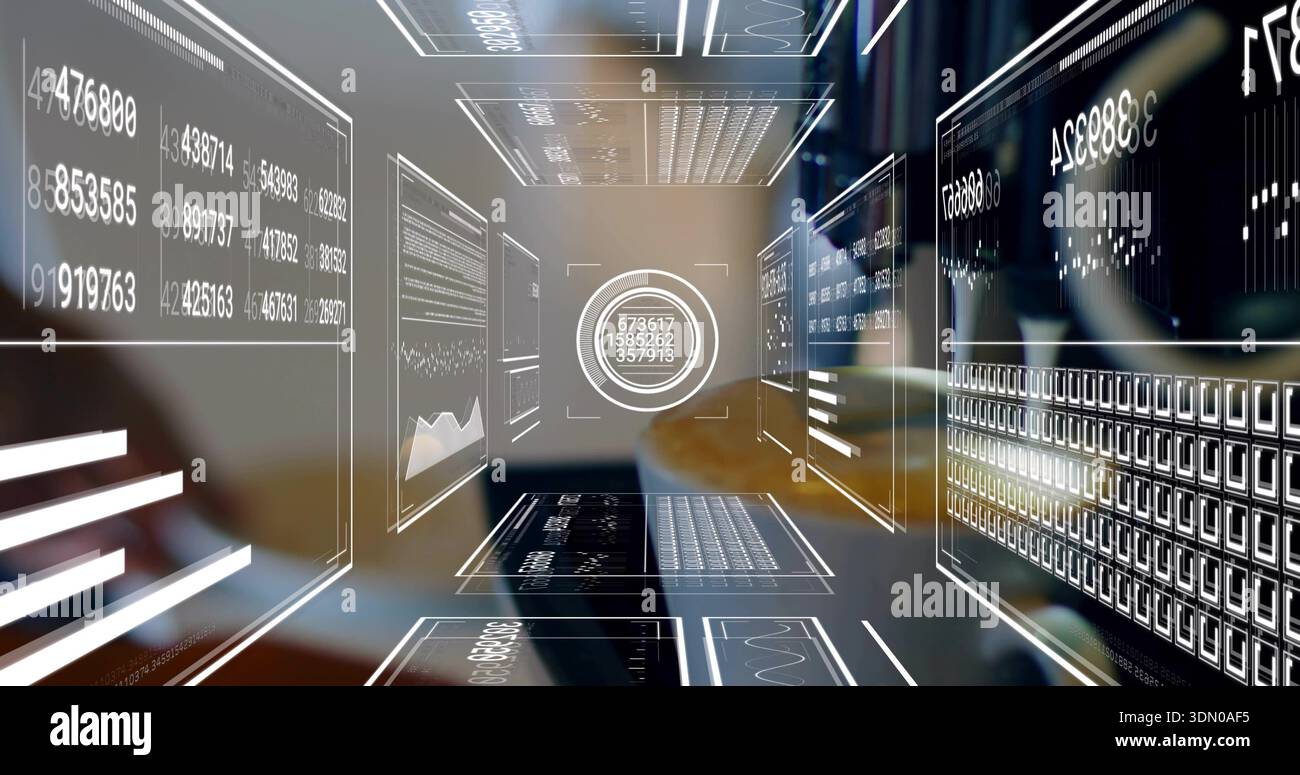 Projecting virtual data corridor receding in data lab, with circular HUD and holographic panels Stock Photo