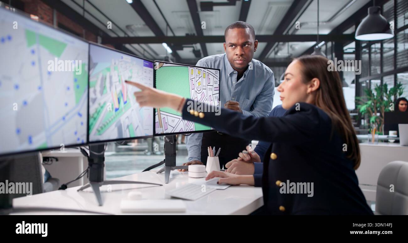 Real Estate Team Mapping Urban Projects Using GIS Software: Valuation Stock Photo