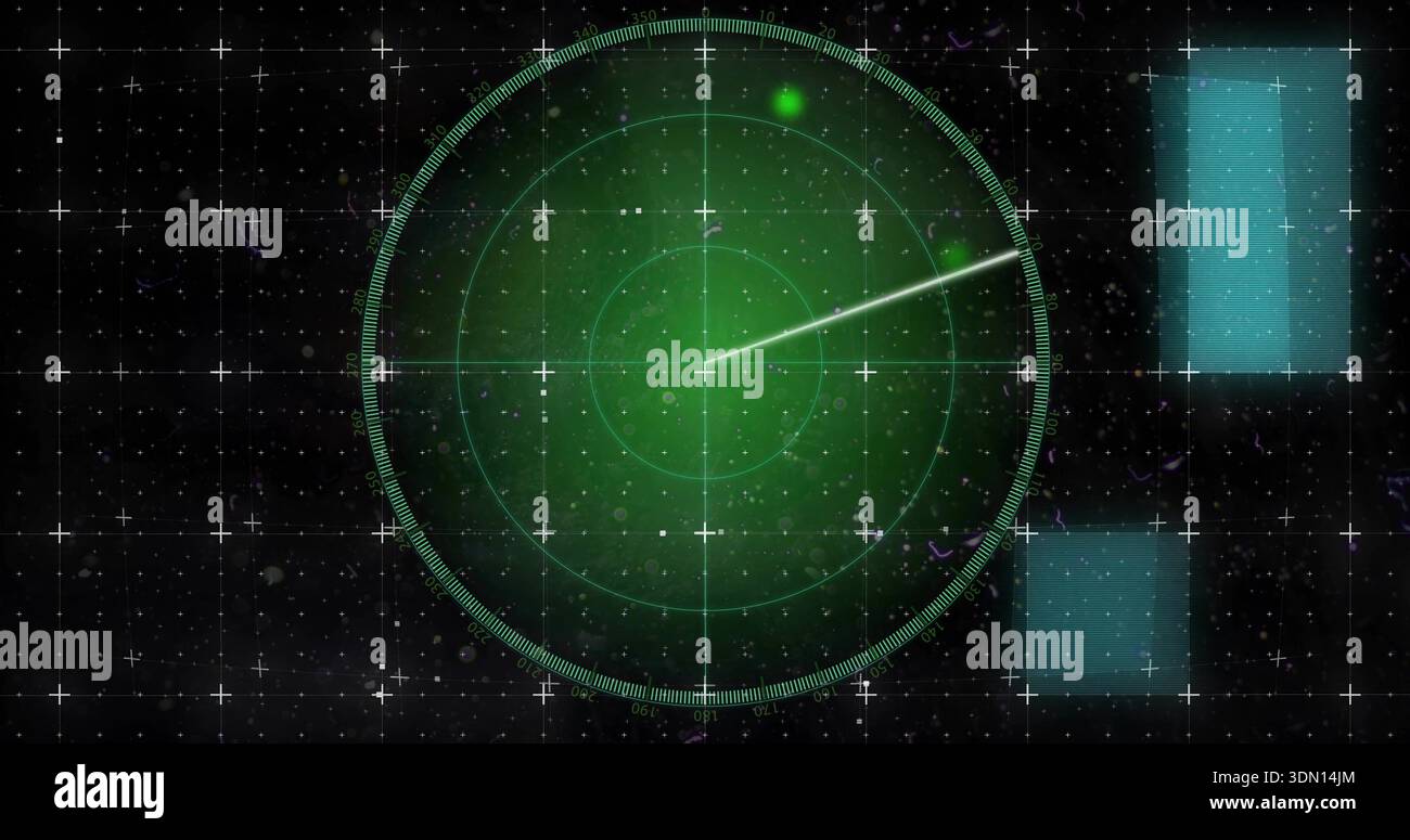 Displaying green circular radar scope centered on control display, with rotating sweep and blip Stock Photo
