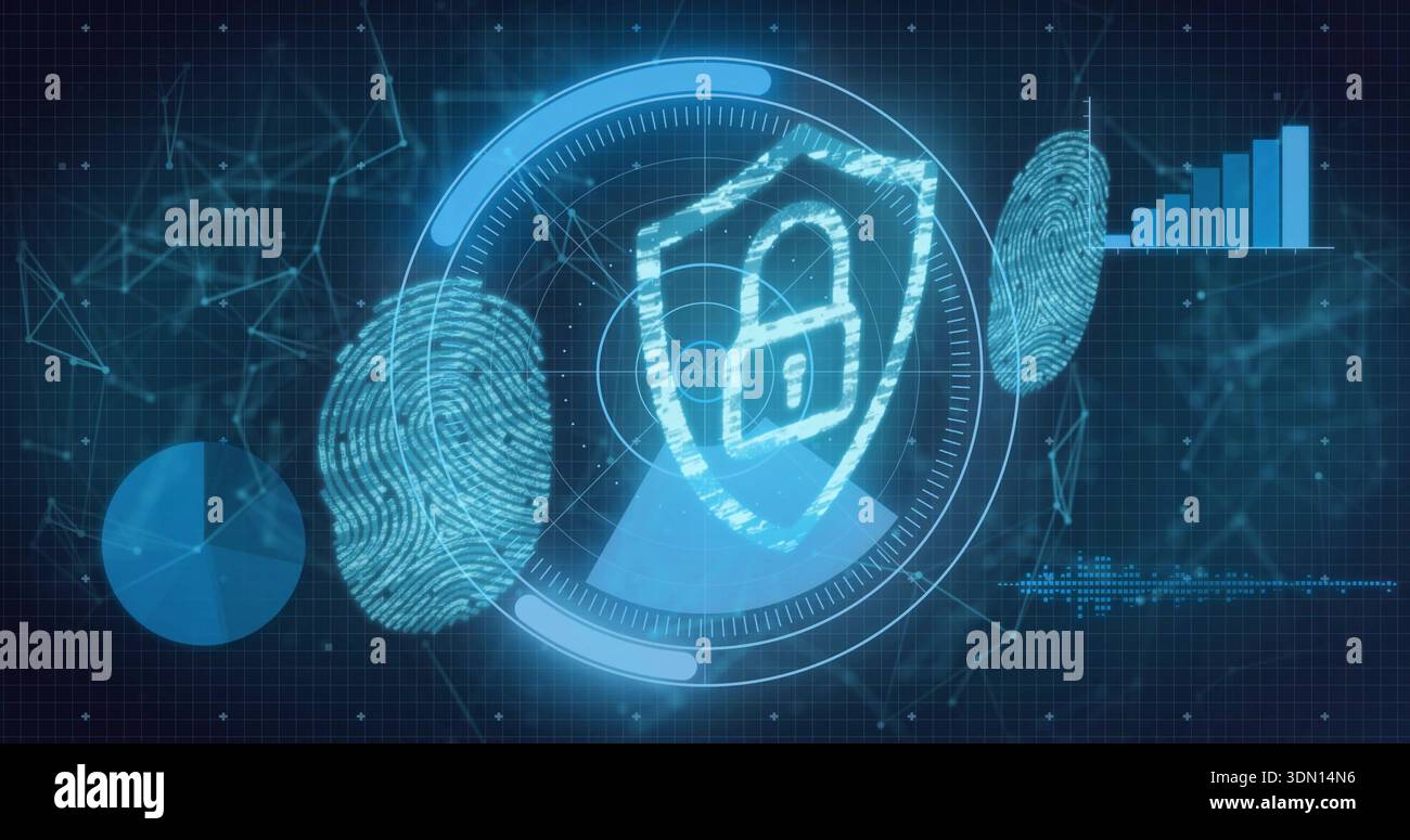 Displaying central shield with padlock in circular HUD on security interface, showing fingerprints Stock Photo