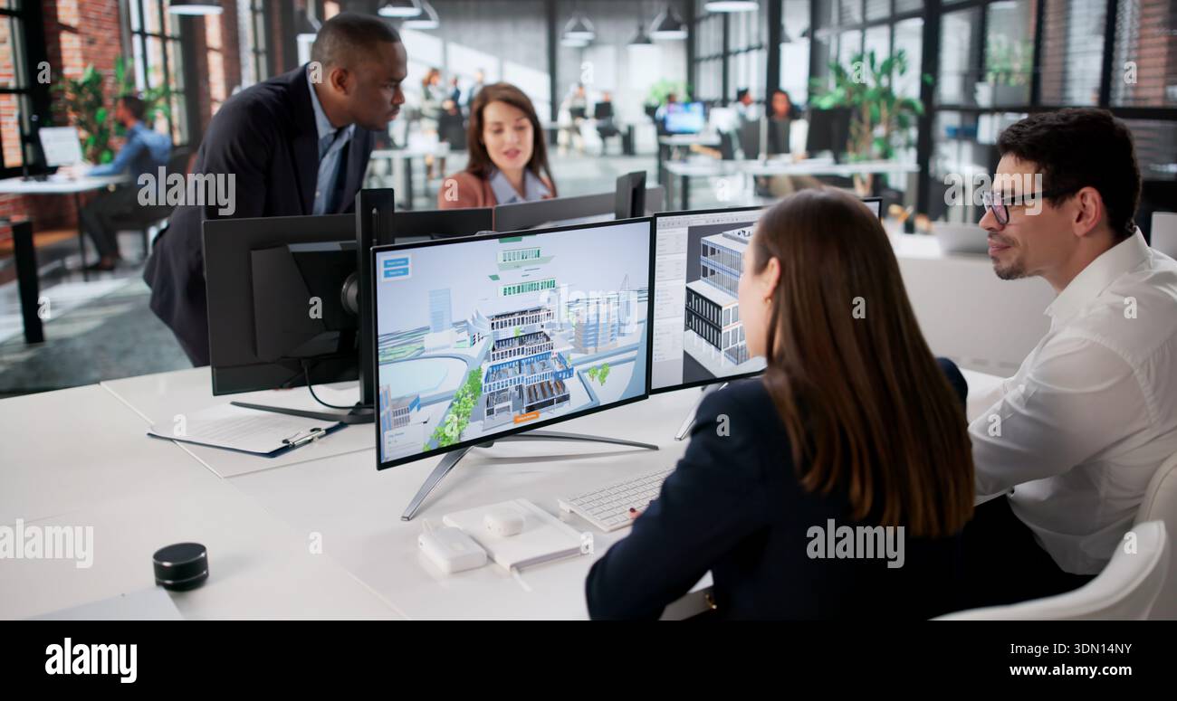 Engineers On GIS Team Using Design Software For Mapping Land. Stock Photo