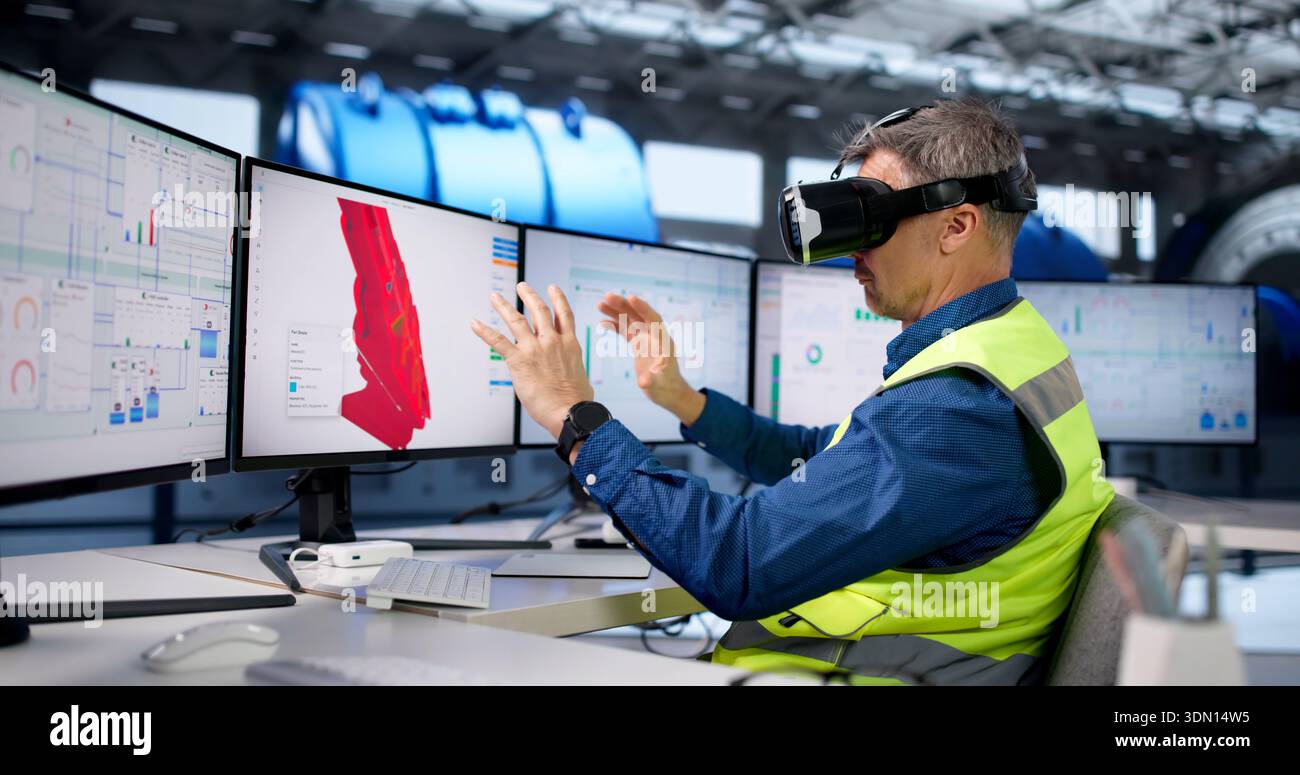 Engineer Designs Gas Refinery With AR And Virtual Reality Glasses. Stock Photo