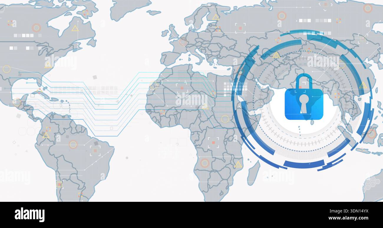 Displaying blue padlock icon locking circular HUD over world map, with ...