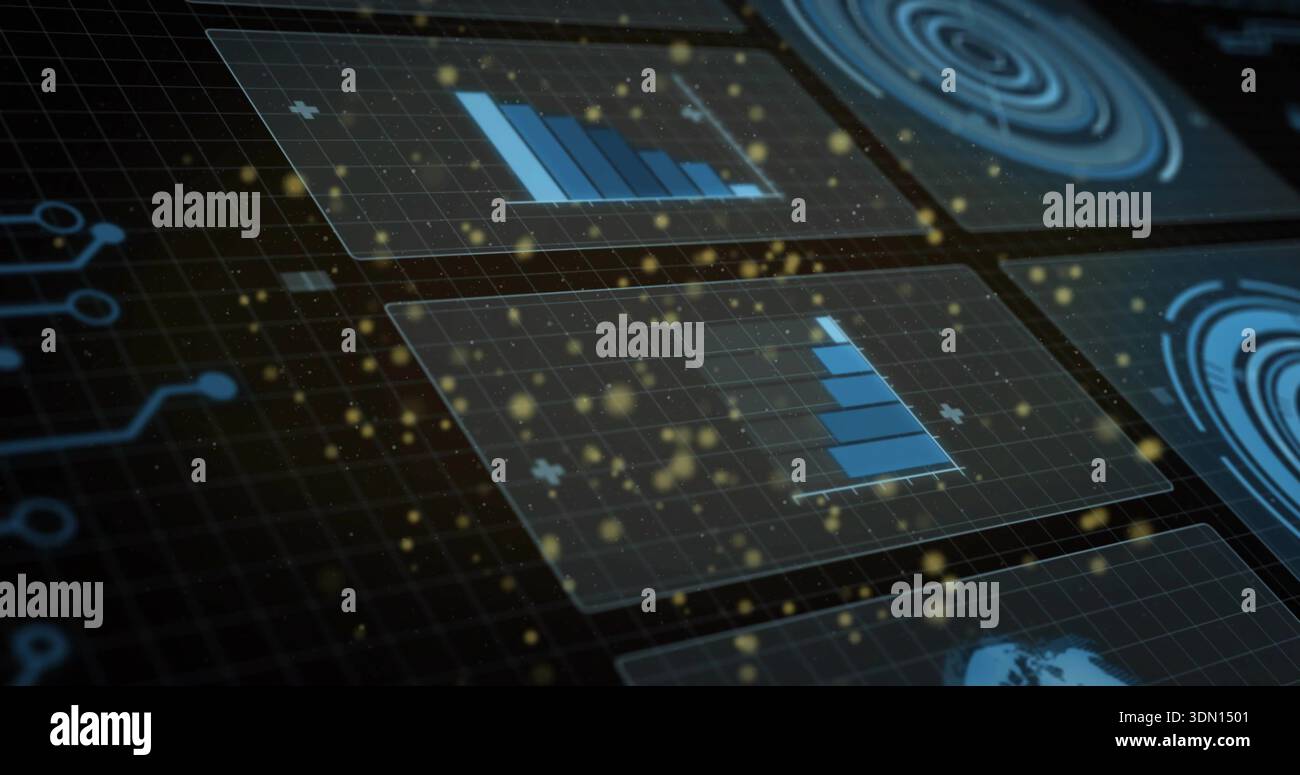 Displaying translucent data panel pair showing blue bar charts at virtual console, with gold sparks Stock Photo