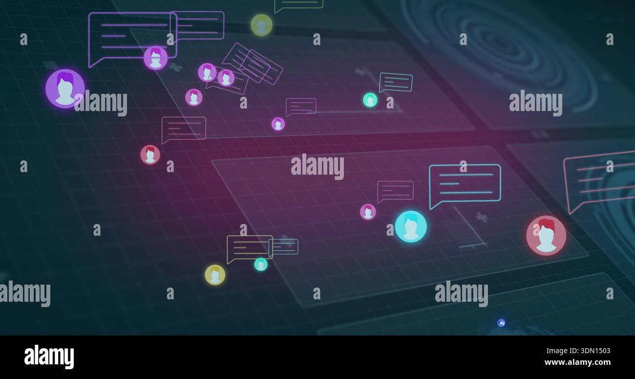 Floating colored user avatars and speech bubbles creating network on dark teal grid, glowing nodes Stock Photo