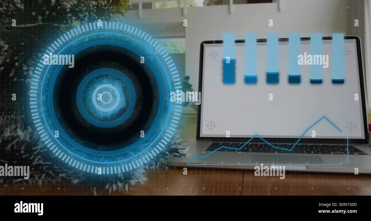 Displaying open silver laptop with blue vertical tabs and line graph on ...