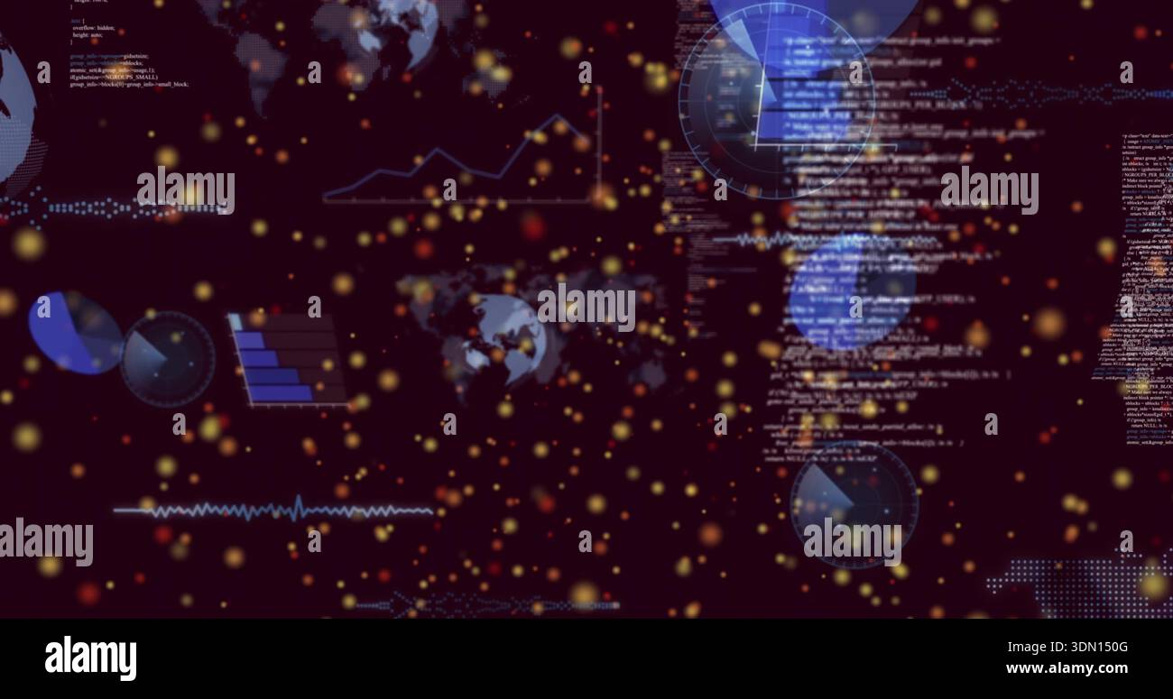 Displaying centered analytics UI on dark maroon screen, showing HUD gauges, pie charts, code, bokeh Stock Photo