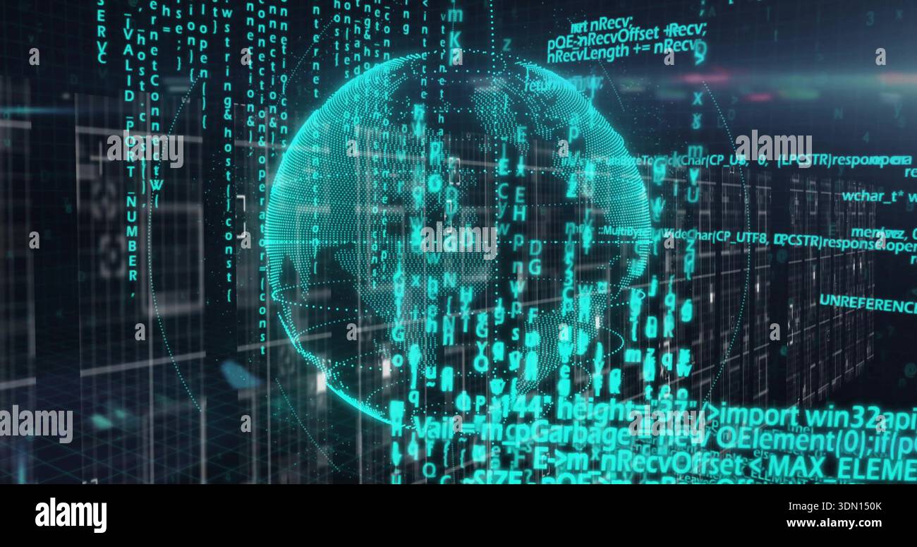 Glowing holographic cyan globe rotating in virtual space, with streaming-code and wireframe-grid Stock Photo