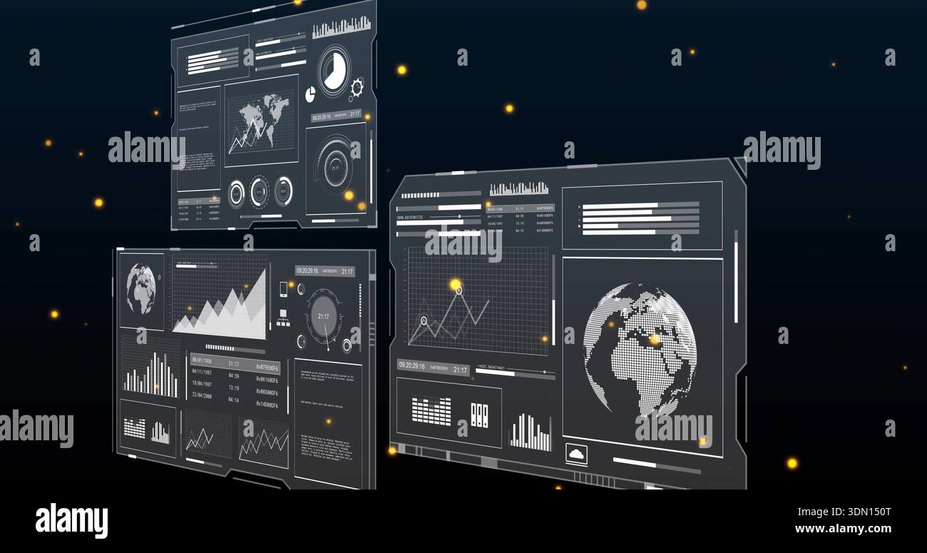 Showing three floating hologram panels in virtual space, displaying dotted globe charts gauges Stock Photo