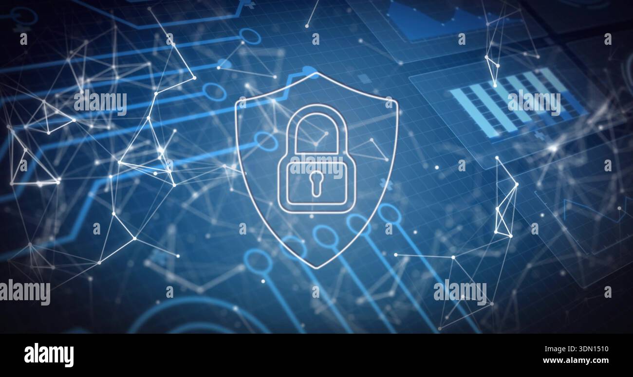 Displaying white outlined shield with padlock centered on virtual dashboard, showing node network Stock Photo
