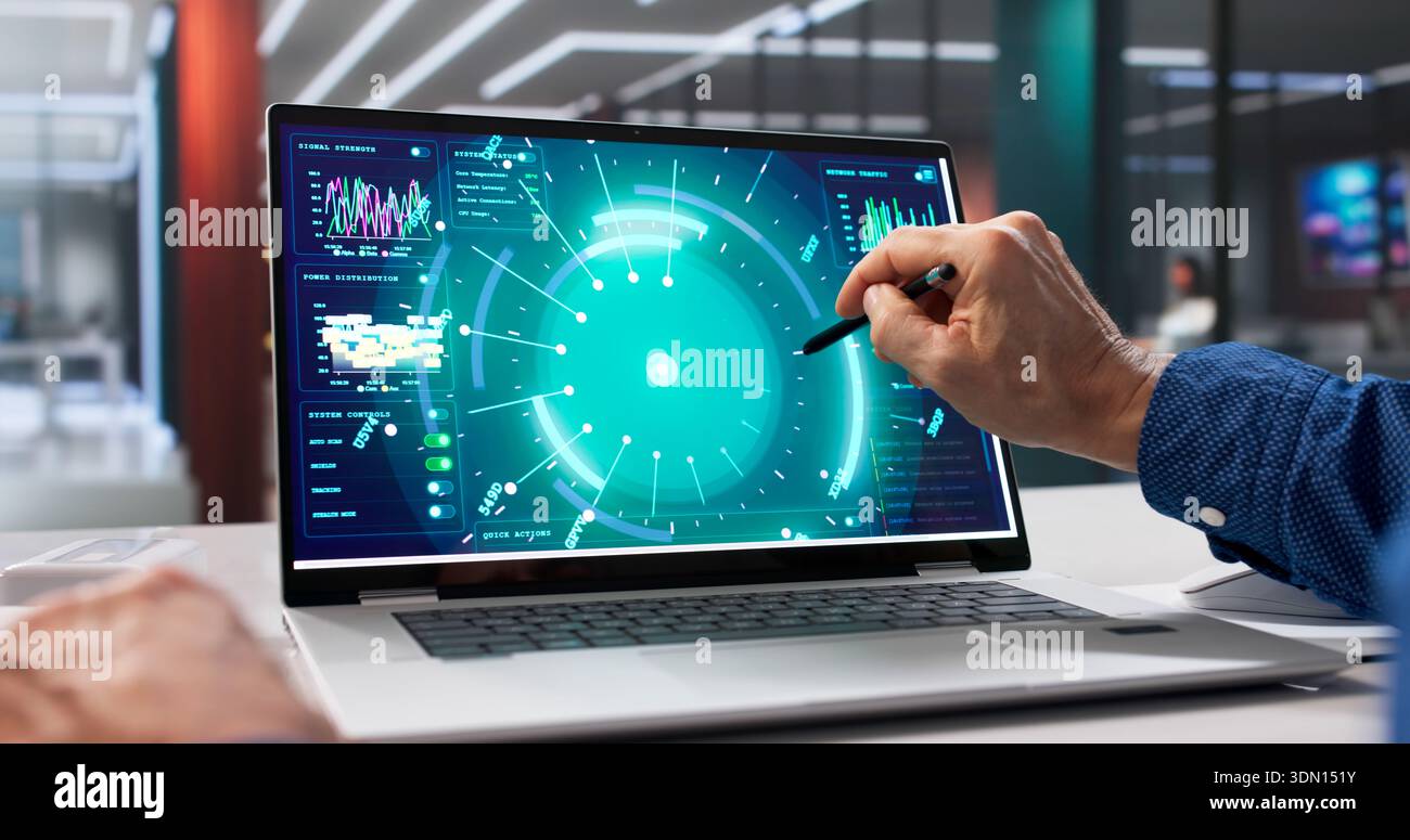 Man Using Artificial Intelligence Dashboard To Control Business Analytics Data Stock Photo