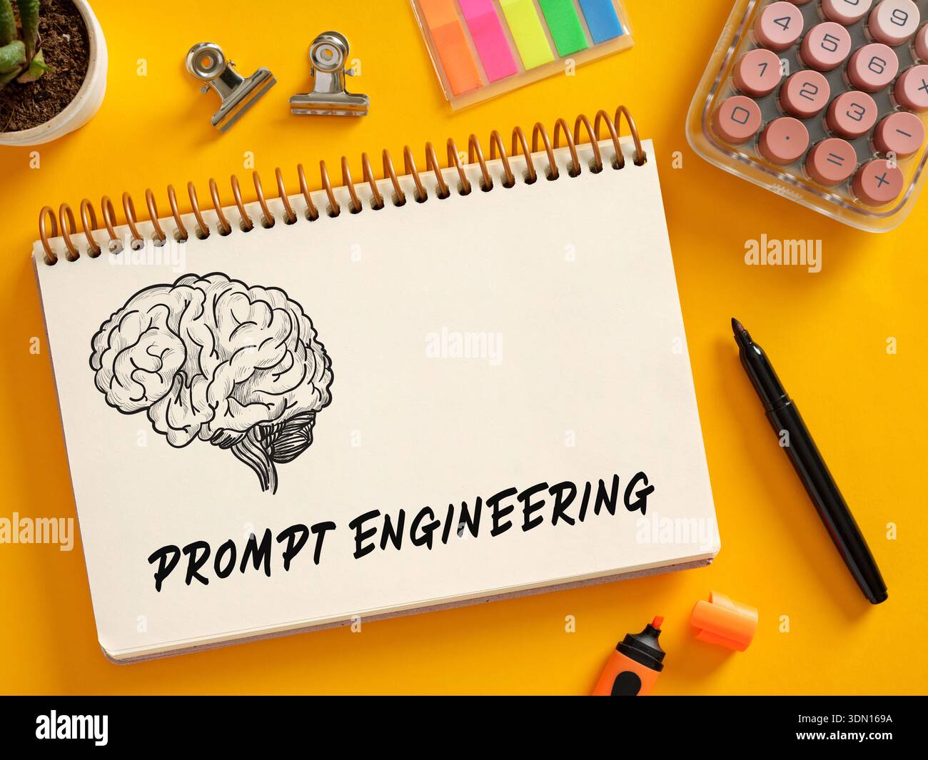 Notebook displaying brain illustration and prompt engineering text, representing AI, creativity, and idea generation Stock Photo