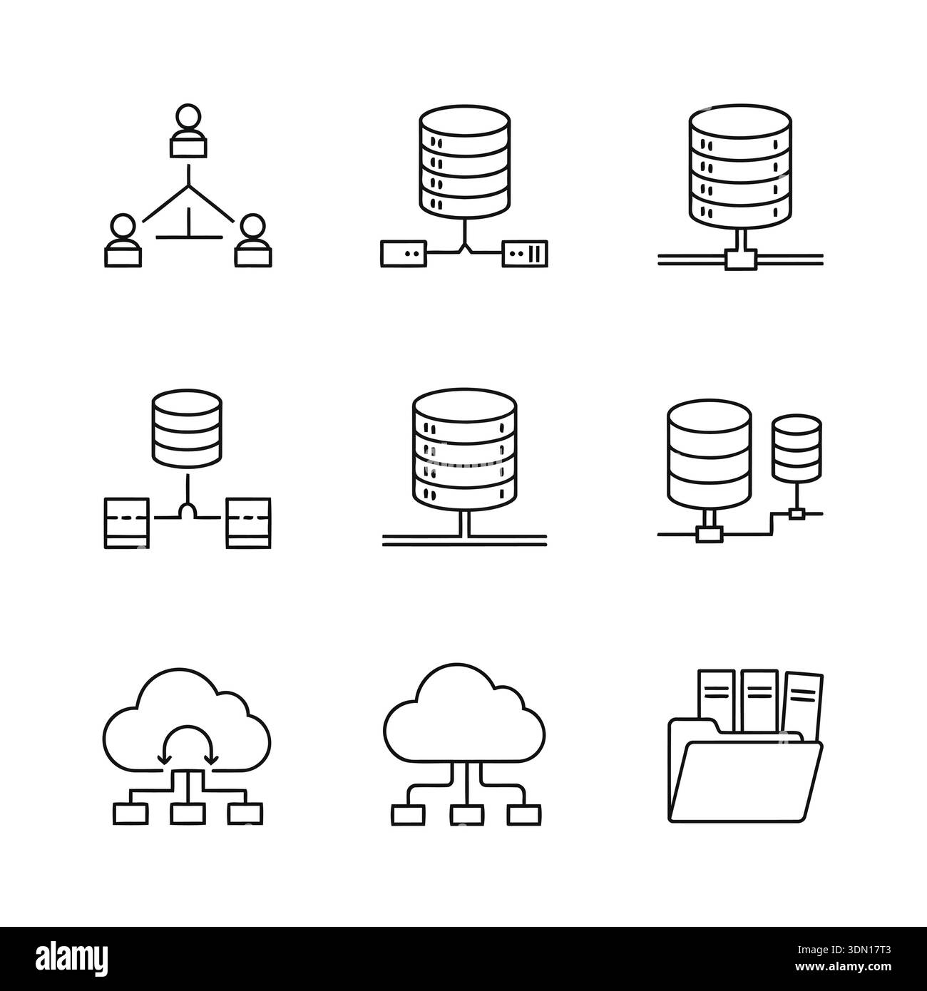 A set of linear icons depicting database structures, cloud networks ...