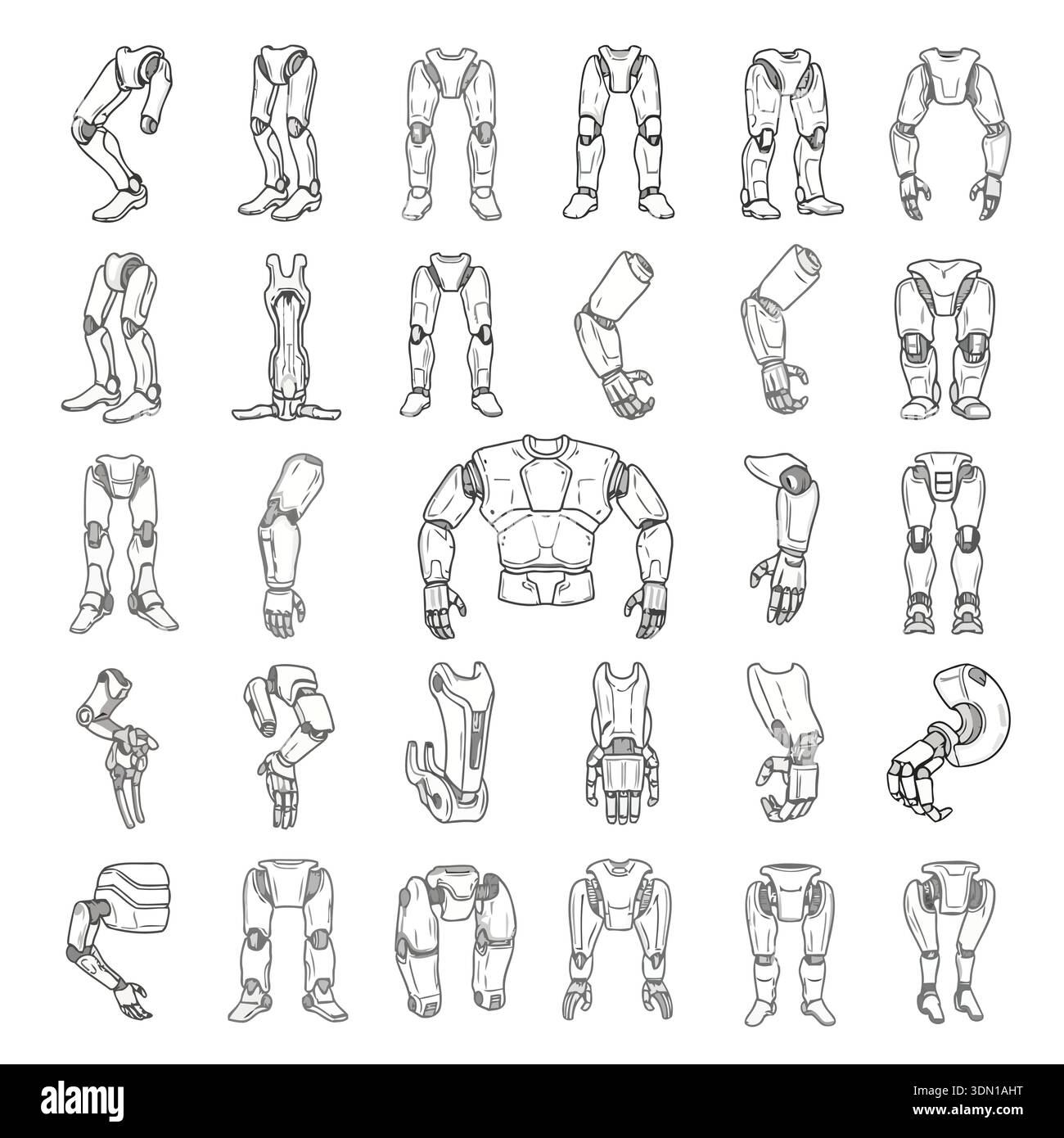 A collection of robot parts in detailed line art, isolated on white ...
