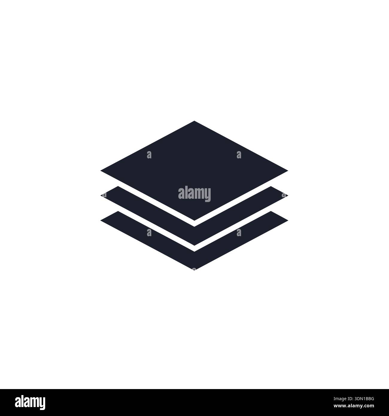 This is a simple dark blue icon of three stacked square layers. It ...