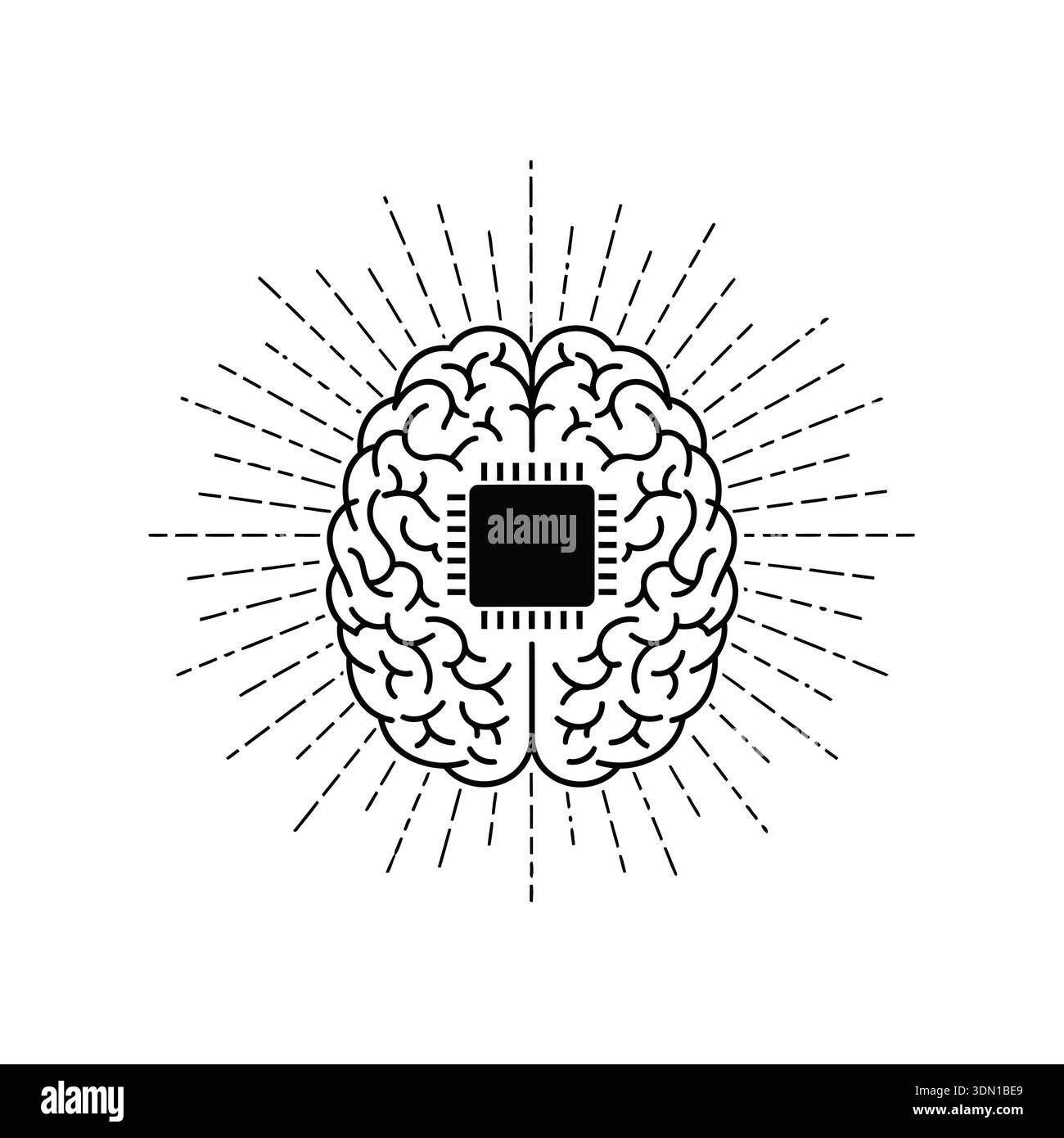 A stylized brain with a computer chip at its center, radiating lines ...