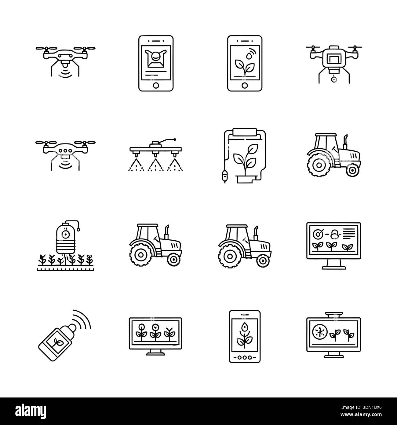 A comprehensive icon set representing smart farming technology ...