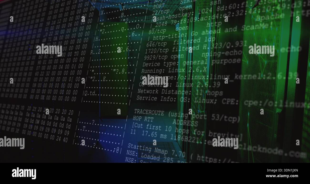 Displaying translucent console text showing Nmap or traceroute and hex dump in server room, rack LED Stock Photo