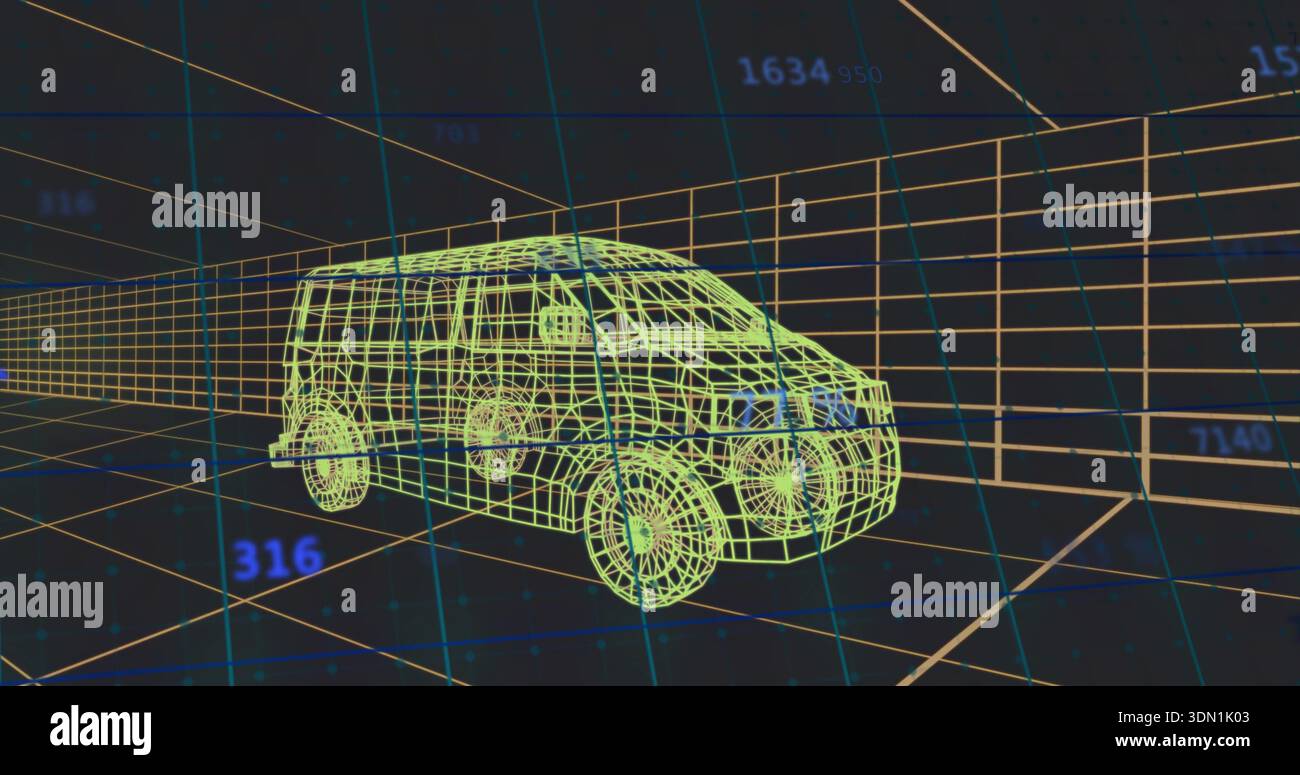 Rendering wireframe passenger van model moving through 3D grid tunnel, showing numeric overlays Stock Photo