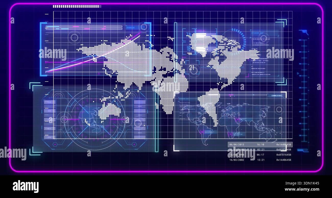 Displaying large dotted world map centered on virtual dashboard, with translucent panels and radar Stock Photo