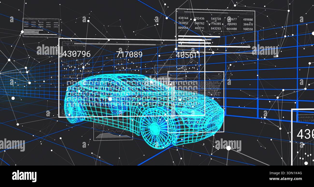 Displaying wireframe-car cyan rotating within virtual workspace, showing HUD panels, data-matrices Stock Photo