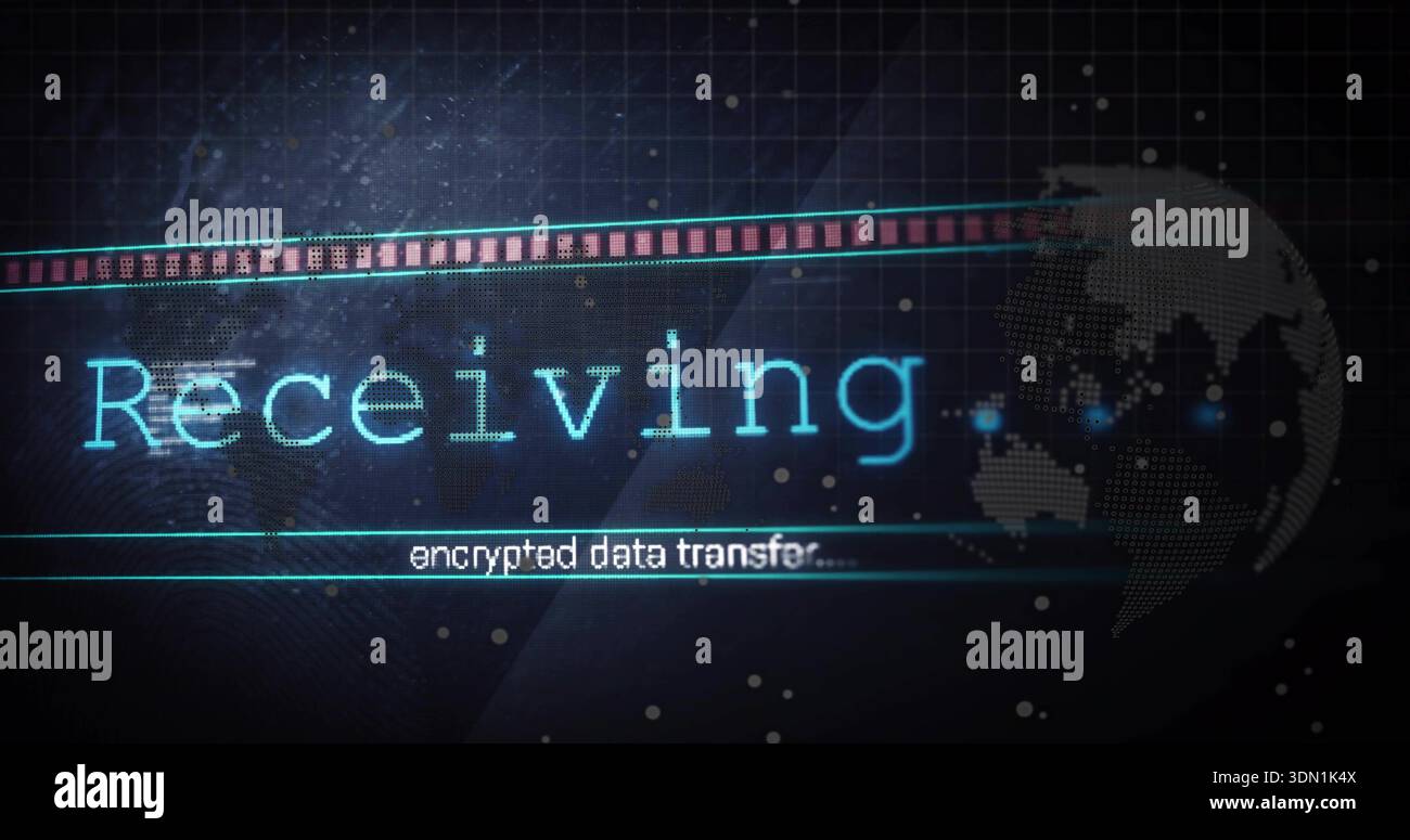 Displaying cyan Receiving text, encrypted transfer subtitle on dashboard, progress strip and globe Stock Photo