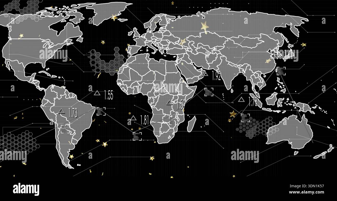 Displaying stylized world map on data display, showing hexagon clusters, numeric labels, connectors Stock Photo