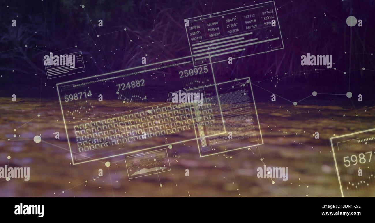 Floating translucent keyboard panel hovering over forest floor, showing numeric readouts and nodes Stock Photo