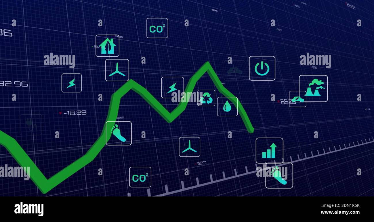 Displaying neon-green zigzag line chart on dark-blue grid dashboard, showing CO2 and energy icons Stock Photo