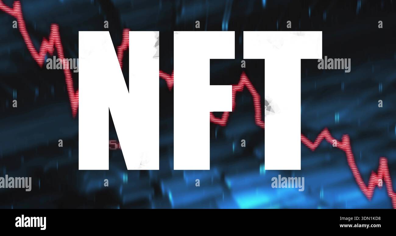 Displaying large white NFT text dominating crypto backdrop, featuring red zigzag market chart line Stock Photo