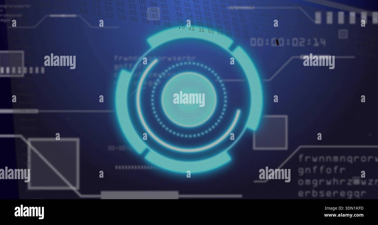 Displaying central cyan multi-ring HUD on dark gradient, showing dotted ring, segmented arcs, timer Stock Photo