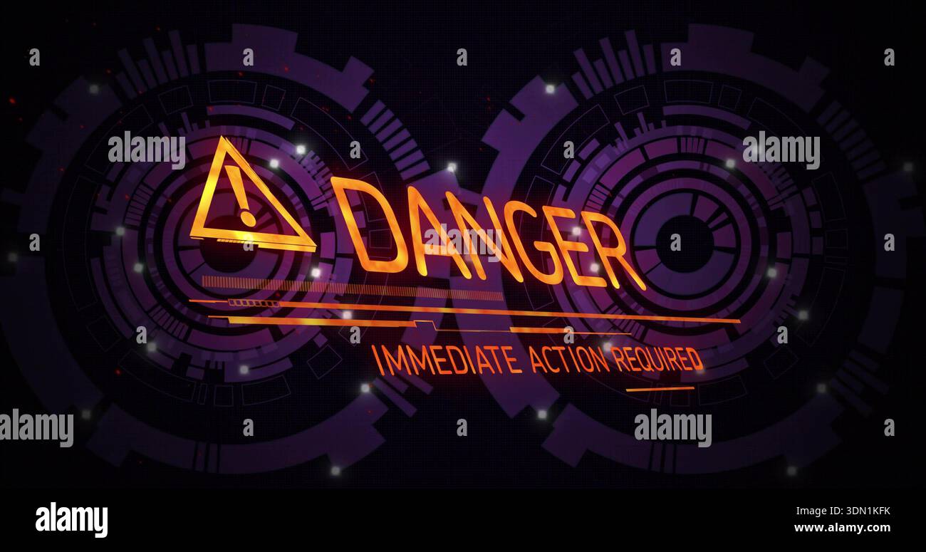 Displaying neon DANGER cluster on HUD, showing triangular icon, IMMEDIATE ACTION REQUIRED, rings Stock Photo