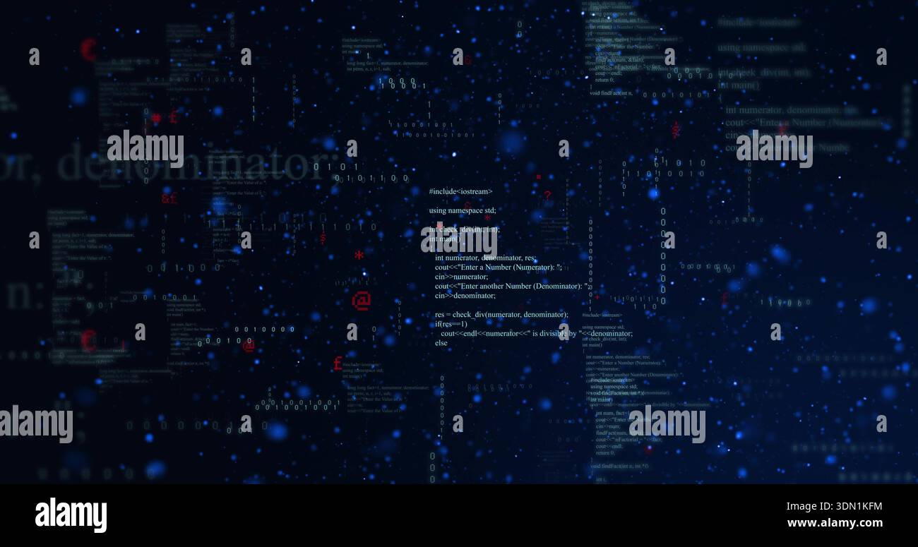 Displaying central code column glowing in virtual network, with binary digits and blue bokeh specks Stock Photo