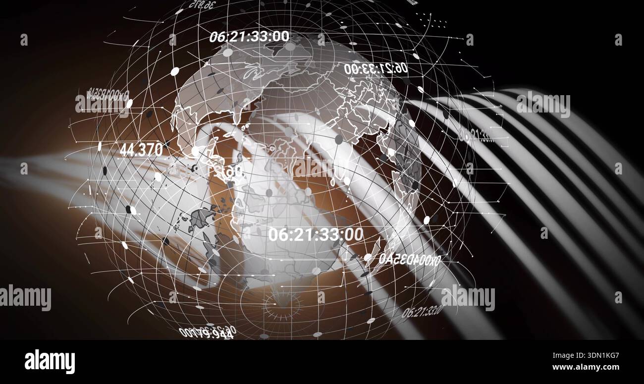Rotating 3D globe on studio backdrop, displaying numeric overlays, node network and streaks Stock Photo