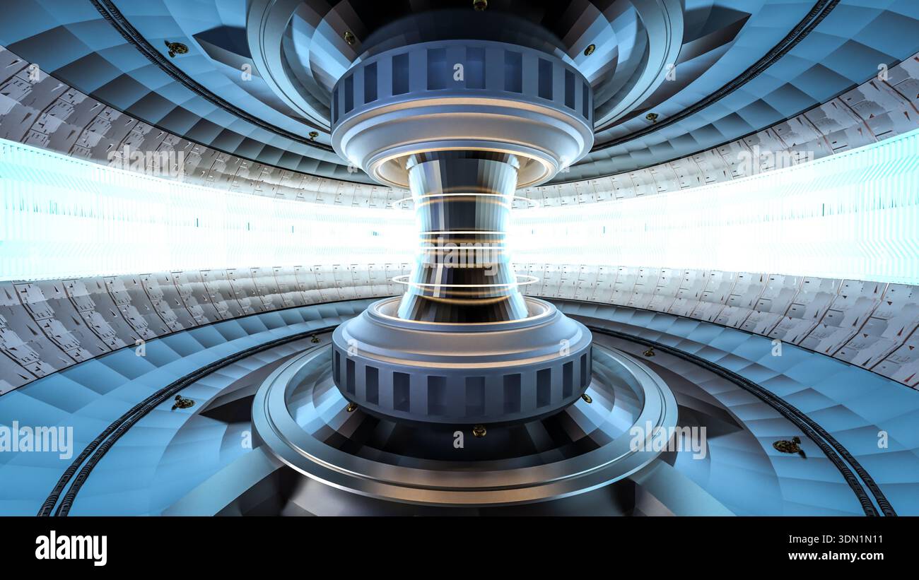 Nuclear Rings 3d rendering smr or small modular nuclear fusion reactor core with blue ...