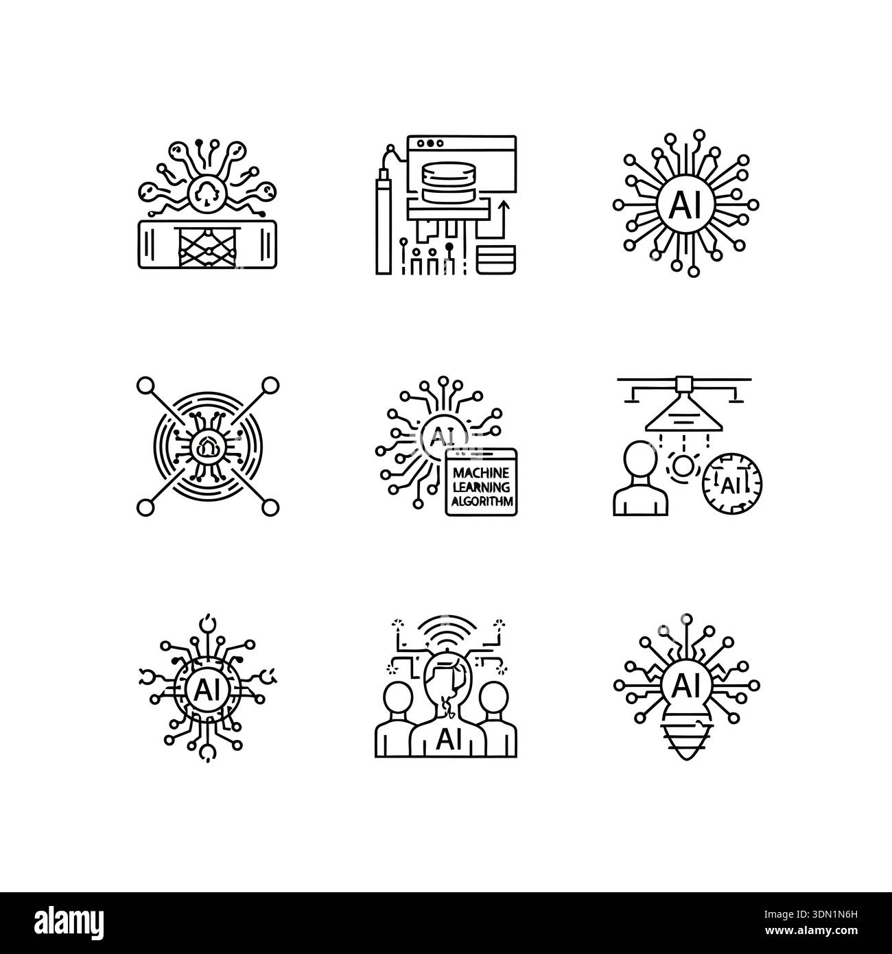 This image shows a set of artificial intelligence linear icons ...