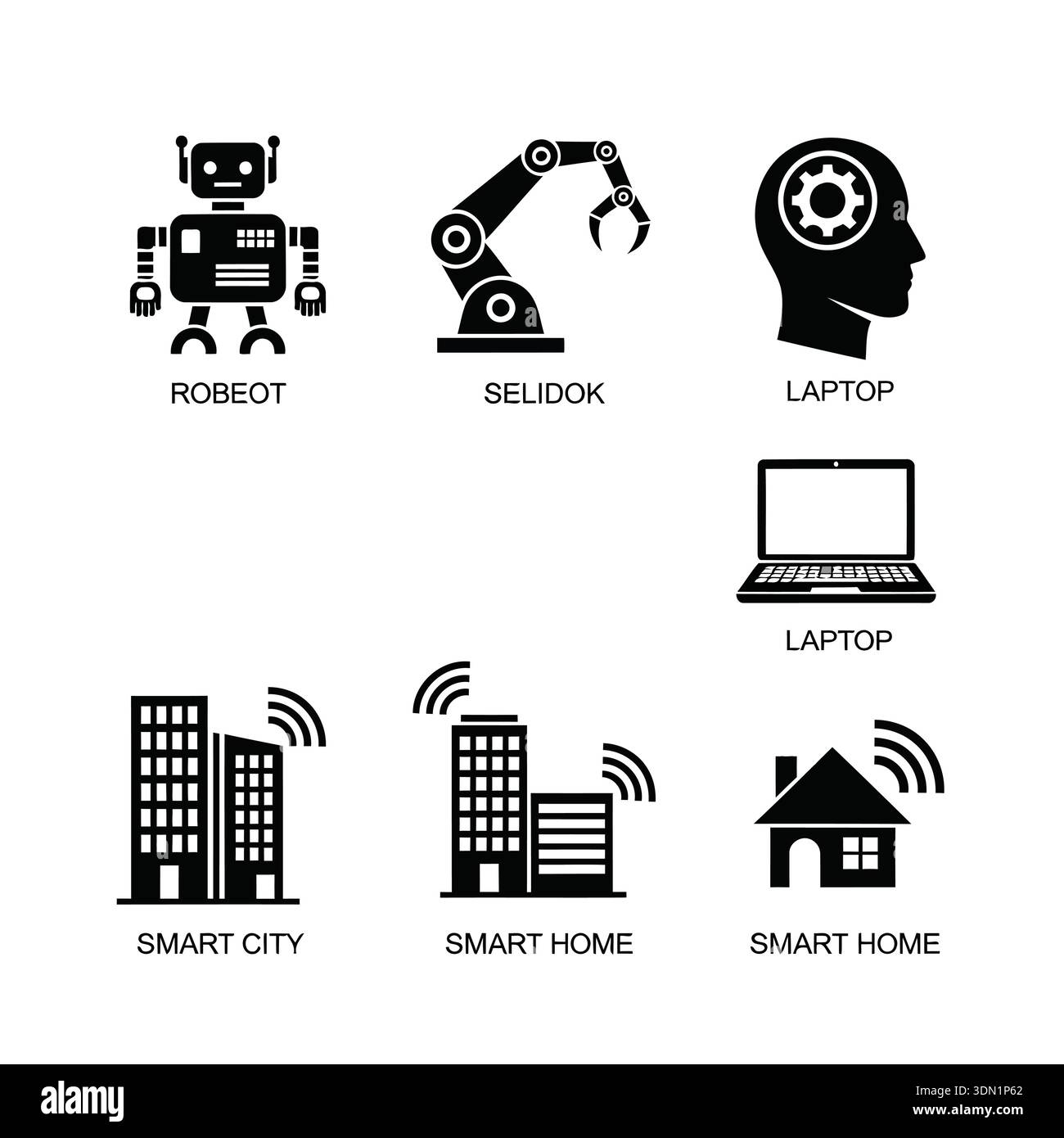 A collection of technology and automation icons represents robotics ...