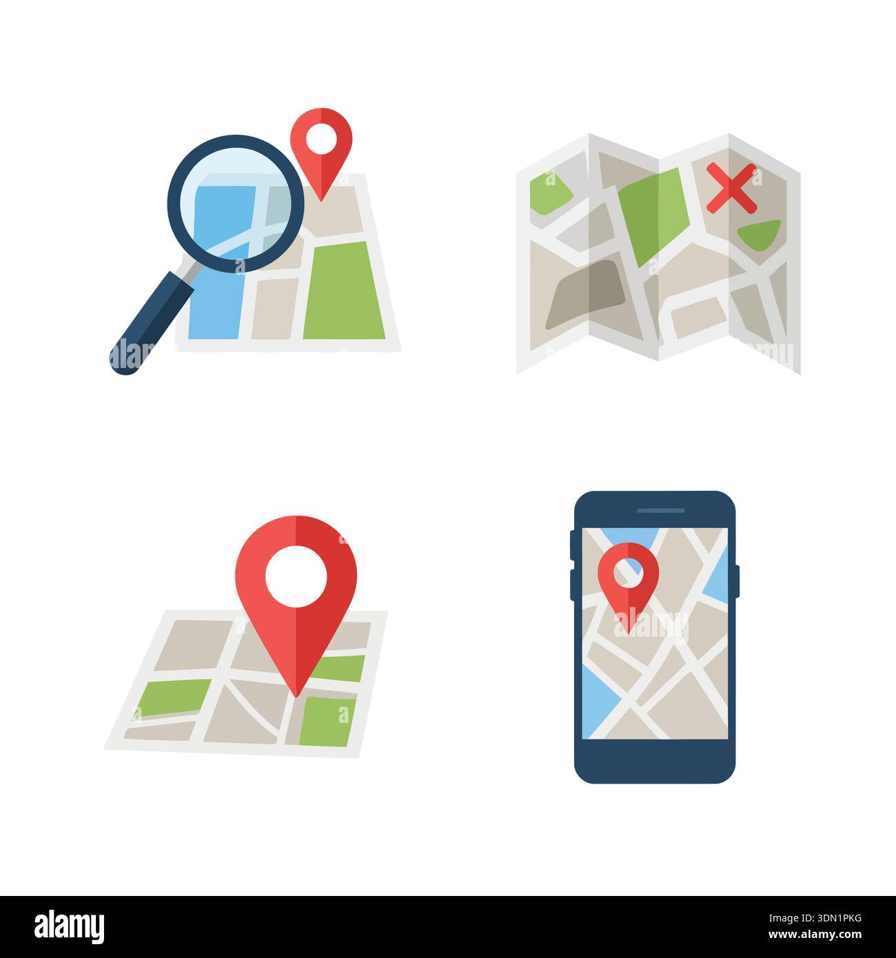 These map icons, isolated on white background, symbolize navigation ...