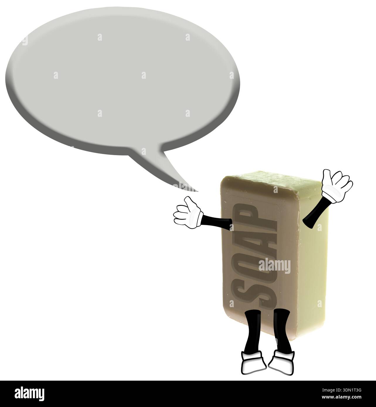 Green soap bar character with a speech bubble and copy space for personalisation. Stock Photo