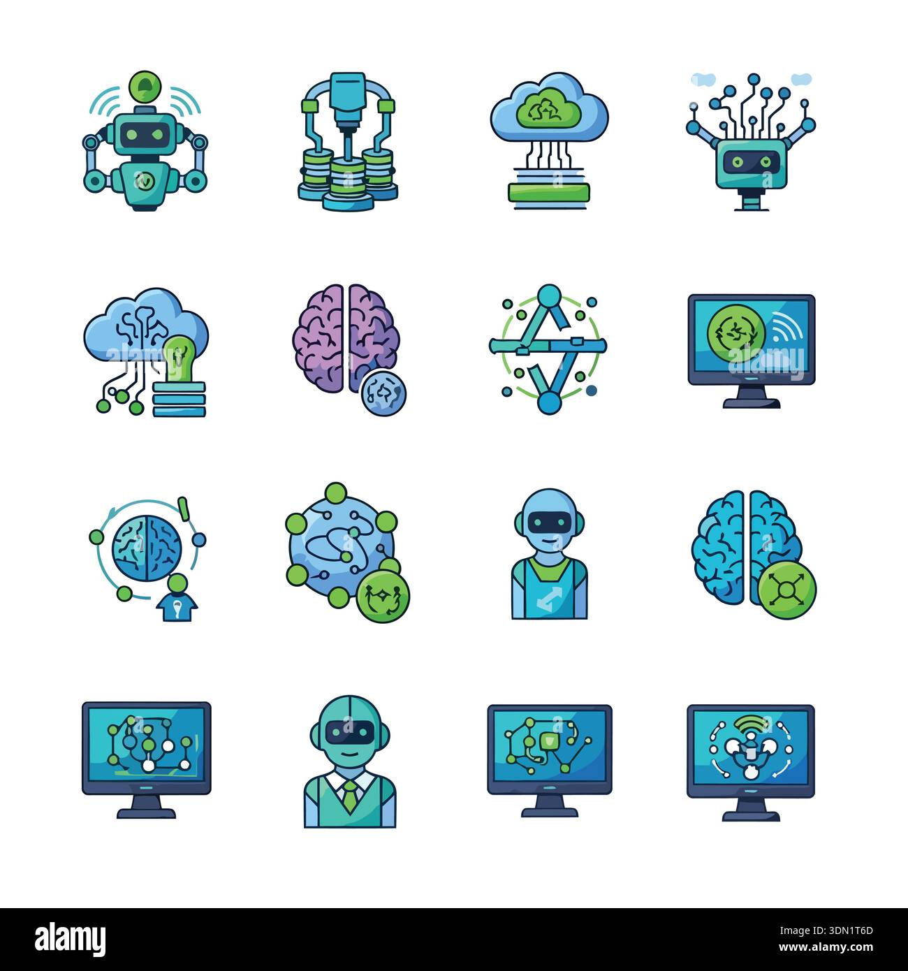 A collection of AI icons featuring robots, brains, cloud computing, and ...