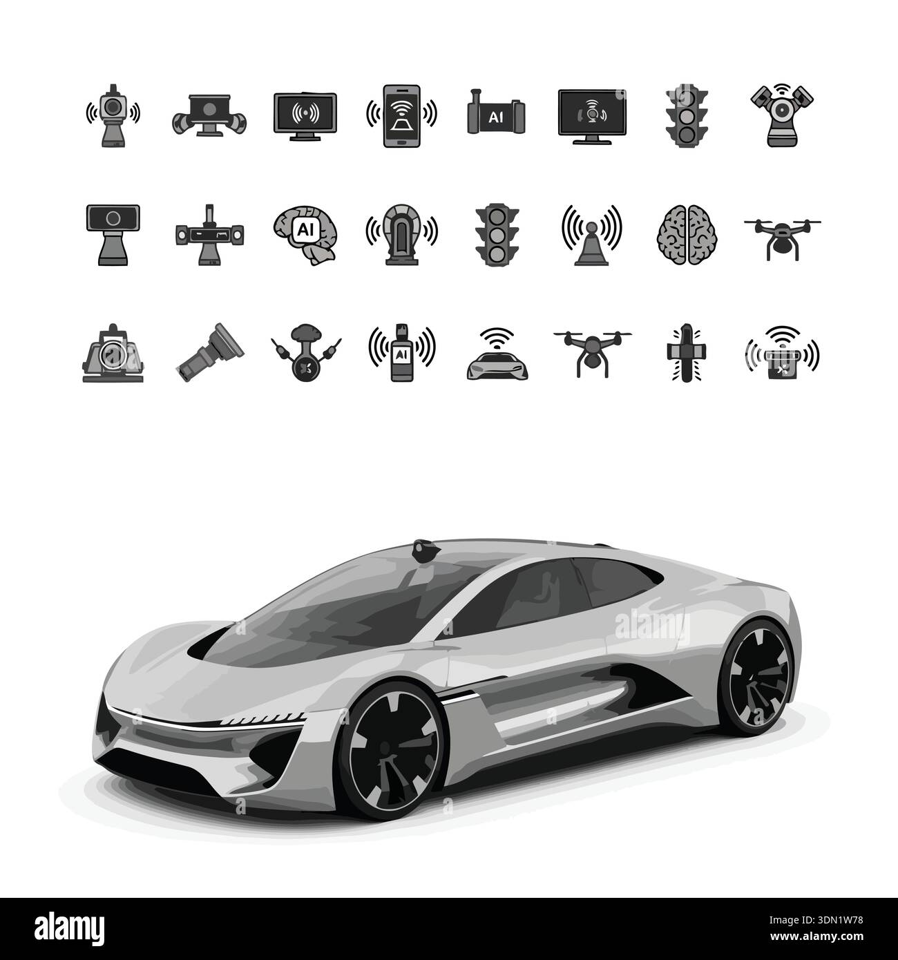 An autonomous car illustration with AI icons, representing self-driving ...