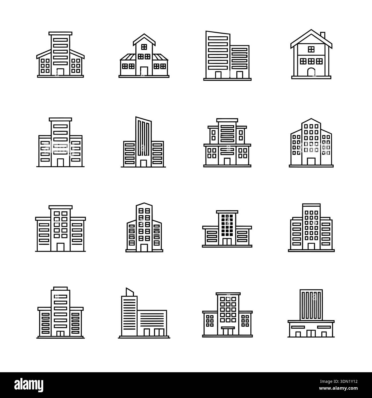 This image showcases sixteen building icons, each representing ...