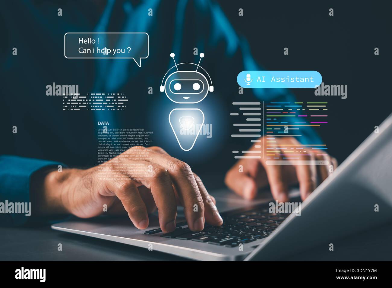 Virtual ai assistant chatbot code interface automation, artificial intelligence smart digital support system shown while person types on laptop keyboa Stock Photo