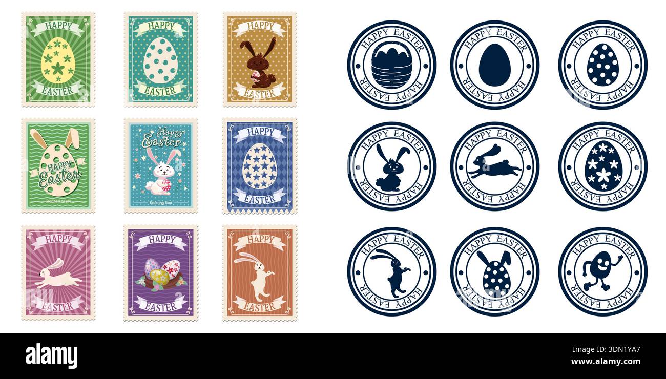Easter postal stamps icon set Stock Vector