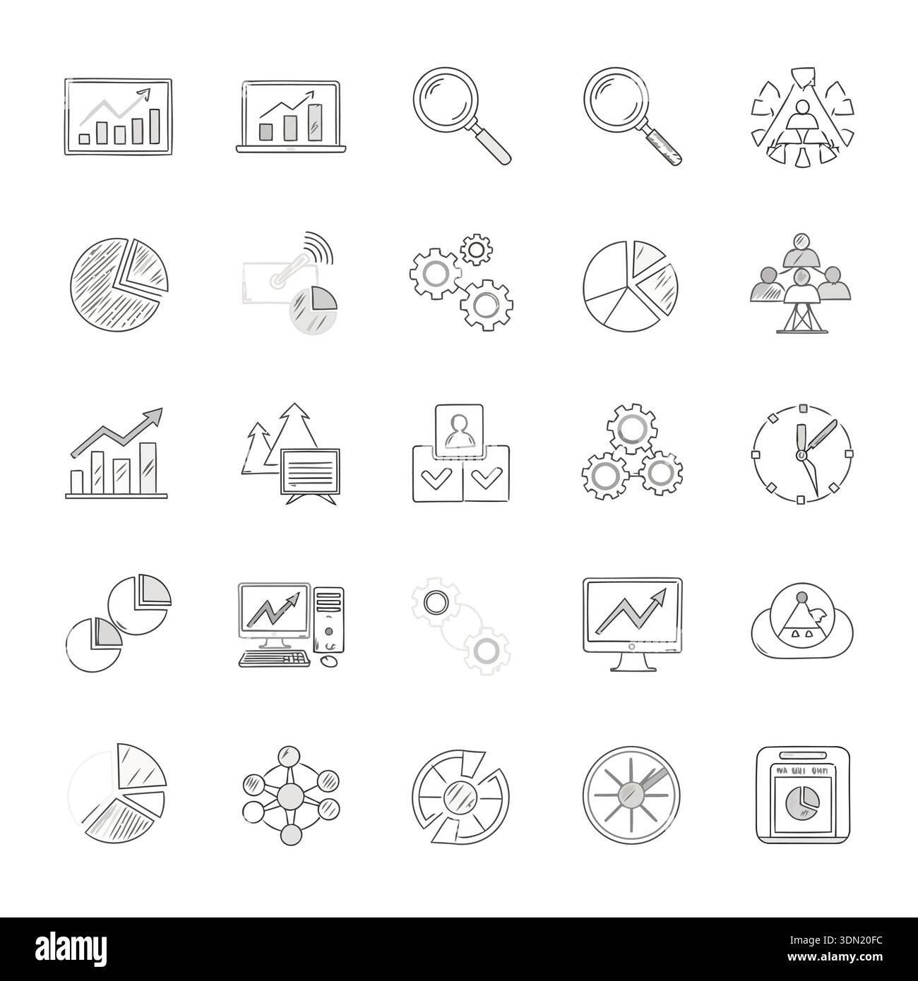 A collection of hand-drawn data analysis icons represents data ...
