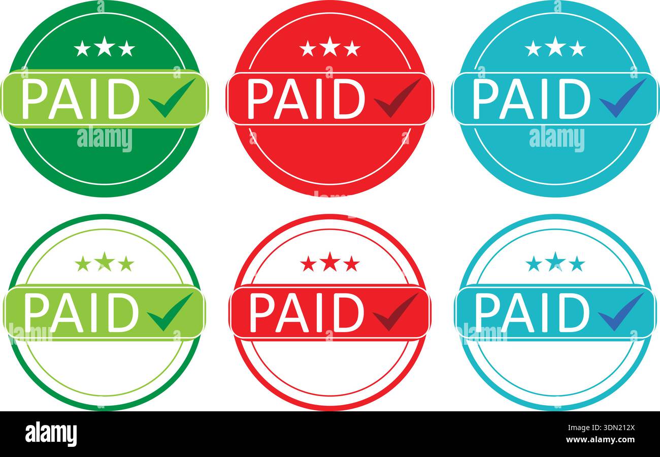Paid status badges with PAID text and checkmark symbols in circular seals Stock Vector
