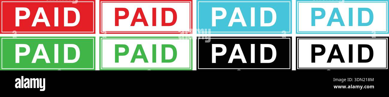 Paid status labels set with rectangular stamps in multiple colors Stock Vector