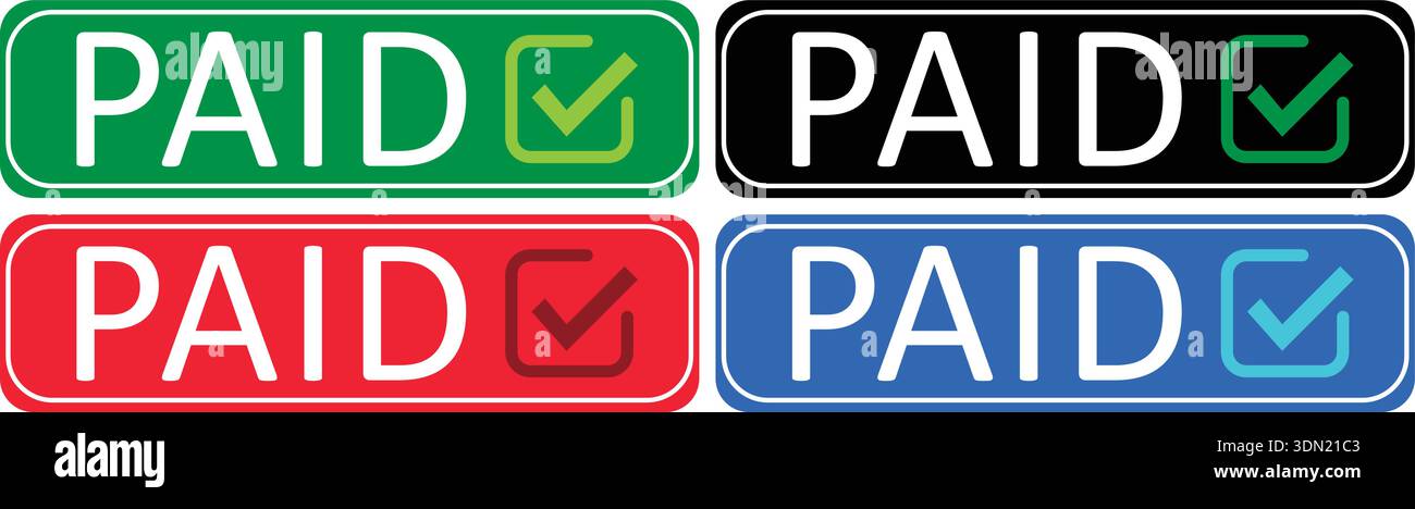 Paid status labels with PAID text and checkmark icons in rounded rectangular badges Stock Vector